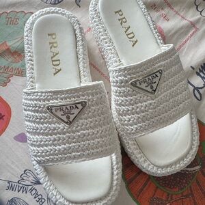 Prada White Woven Slide Sandals